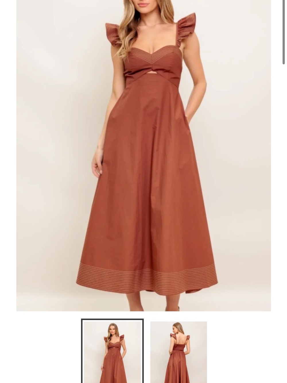 Flying Tomato Rust Brown Midi Dress with Pleated Strap Detail